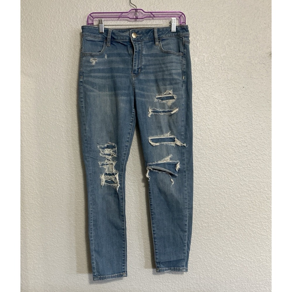 American Eagle Women's Blue Super Stretch Hi-Rise Distressed Jegging - SZ 10S